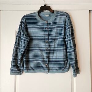 Cotton 2 Wear Blue Striped Button Up Cardigan Sz L Shoulder Pads 90s Office Work